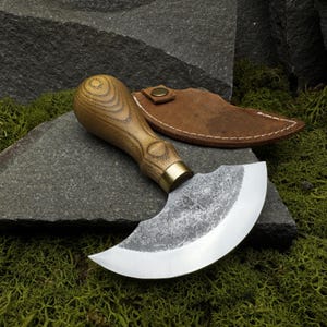 Leather Round Knife With Leather Case. Half Moon Round Knife. Skinning Knife. Leatherworking Tool. Hand Forged Blade. Carbon 52100 Steel.