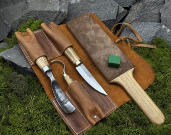 Houtsnijgereedschapset, 4-delig met leren tas. Kom, lepel snijgereedschap. Houtbewerkingsgereedschap. Handgesmeed gereedschap. 52100 koolstofstalen bladen
