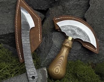 Set med 2 läderknivar med fodral. Rund kniv för att skära läder. Kiridashi. Läderbearbetningsverktyg. Handsmidda knivar. Kolstål 52100.