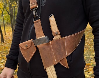 Leather Axe and Knife Case. Crazy Horse Leather Shoulder Holster with Two Pockets for Axe, Knife. Outdoor Bushcraft Gear. Woodworking Tools.
