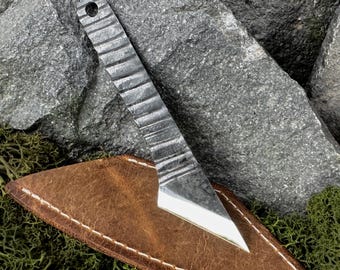 Single-Edged Kiridashi Knife with Leather Case. Hand Forged Japanese Style Utility Knife for Woodworking, Leathercraft. Carbon Steel 52100.