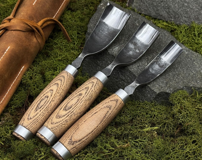 Bent Gouges, Hand Forged Curved Chisels, Carbon Steel 52100 Blades, Kuksa Carving Tools