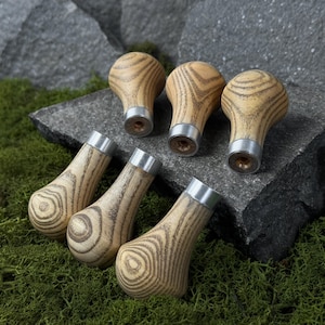 May include: Six wooden knobs with a light brown and dark brown wood grain pattern. Each knob has a silver metal collar around the base. The knobs are arranged on a gray stone surface with green moss in the background.