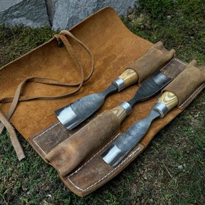 Set of 3 Wood Carving Gouge With Leather Case. Chisels for Woodworkers ...