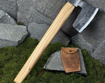 Hand-Forged Viking Axe with Leather Sheath. Ash Handle. Carbon Steel Blade. Outdoor Tool for Camping, Survival Tasks, Firewood Splitting.