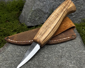 Wood Carving Sloyd Knife with Leather Case. Knife for Whittling, Spoon Carving and Woodworking. Hand Forged Knife. Carbon Steel Blade