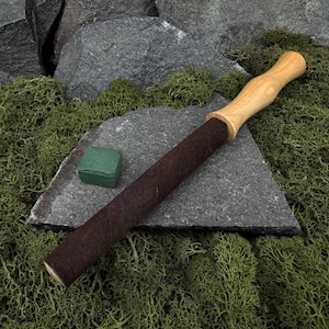 Round Leather Honing Strop with Polishing Paste. Oak Handle Paddle for Sharpening Carving Knives. Gouges. Chisels. Leatherworking Tools.