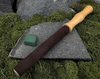 Round Leather Honing Strop with Polishing Paste. Oak Handle Paddle for Sharpening Carving Knives. Gouges. Chisels. Leatherworking Tools.