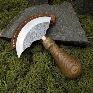 Round Knife with Leather Case. Half Moon Round Blade. Skinning Knife. Leatherworking Knife. Cutting. Hand Forged Knife. Carbon Steel 52100.