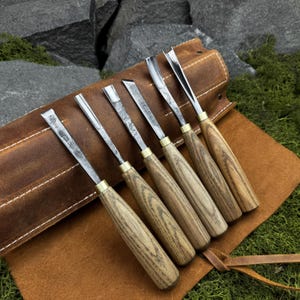 6-Piece Set Tools for Wood Carving with Leather Case. Sculptural Carving Chisels and Gouges. Hand Forged Tools. 52100 Carbon Steel Blades