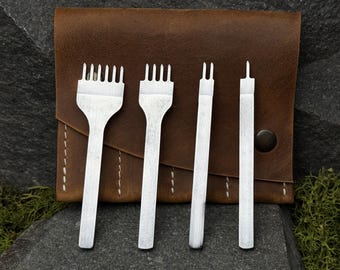 Conjunto de formões diamantados forjados à mão. Cinzéis de aço de alta qualidade para trabalhos em couro, com estojo de couro. 1+2+4+6 pontas para costura de precisão.