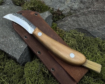 Pilzsammelmesser, Baumveredelungswerkzeug, Lederetui, handgeschmiedeter 52100 Kohlenstoffstahl