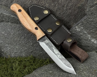 Hand Forged Camping Knife with Leather Sheath. Compact Outdoor Knife for Bushcraft, Carving and Survival. Carbon Steel 52100 Blade.