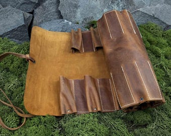 Handmade 15 Pocket Leather Tool Roll. Crazy Horse Leather Case for Carving Tools, Bushcraft Knives and Leatherworking Tools. Gift for Him