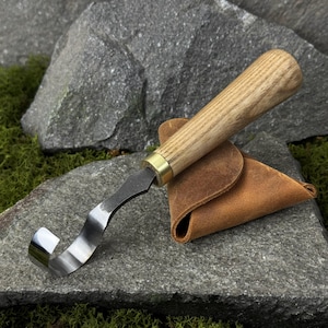 Hook Knife with Leather Case. Spoon, Bowl, Cup Carving Knife. Wood Carving Knife. Tool for Beginners. Hand Forged Tool. Carbon Steel 52100.