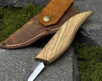 Forged Small Carving Knife with Carbon Steel Blade. Leather Case Included. Knife for Geometric Patterns, Whittling and Wood Craft Projects