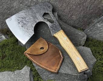 Carving Axe with Leather Case. Axe for Camping, Bushcraft, Outdoor Wood Splitting and Woodworking. Hand-Forged Carbon Steel 52100 Blade.
