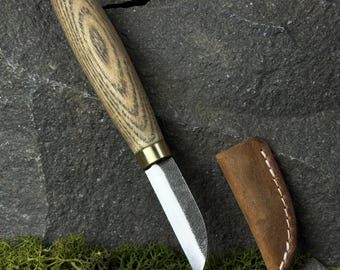 Hand-Forged Whittling Knife with 52100 Carbon Steel Blade. Leather Sheath Included. Knife for Geometric Carving, Spoon Work, and Detailing.