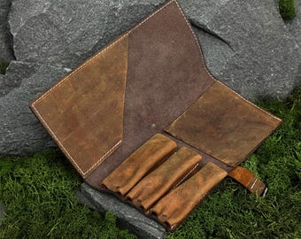 Leather Tool Roll, Carving Knife Organizer, Genuine Crazy Horse Leather, Handcrafted Stationery Case