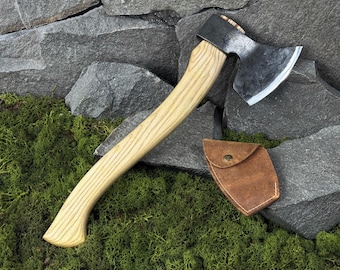 Hand-Forged Carving Axe with Leather Case. Axe for Camping, Bushcraft, Outdoor Wood Splitting and Woodworking. Carbon Steel 52100 Blade.