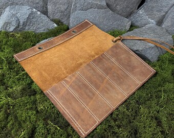 Leather Tool Case for 5 Wood Carving Chisels. Crazy Horse Leather Pouch. Roll for Chisels, Tool and Knives. Wide Pockets Leather Tool Holder