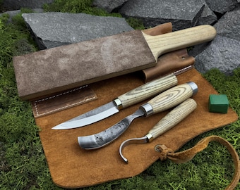 Wood Carving Tool Set 4 PCS with Leather Case. Bowl, Spoon Carving Tools. Woodworking Tools. Hand Forged Tools. 52100 Carbon Steel Blades