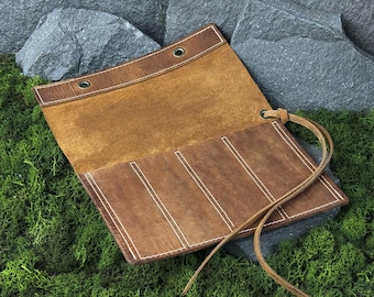 Leather Tool Case for 4 Wood Carving Chisels. Crazy Horse Leather Pouch. Tool Roll for Chisels and Knives. Wide Pocket Leather Tool Holder.
