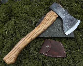 Outdoor Carving Axe for Spoon and Bowl Making. Hand Forged Carbon Steel 52100 Blade with Leather Sheath. Hatchet for Bushcraft and Crafting.