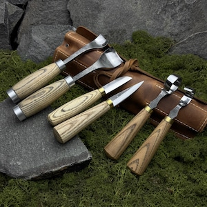 Wood Carving Tool Set 6-Piece with Leather Case. Spoon Carving Knives. Tools for Beginners, Carvers. Hand Forged Tools. Carbon Steel 52100.