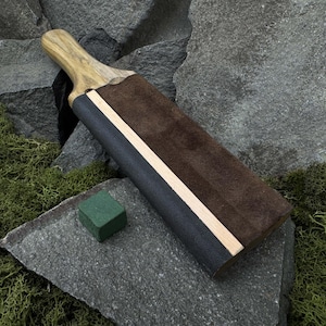 Double-Sided Leather Sharpening Strop with Polishing Paste. Handmade Paddle with Sandpaper. Red Oak Handle for Carving Knives and Chisels.