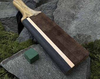 Double-Sided Leather Sharpening Strop with Polishing Paste. Handmade Paddle with Sandpaper. Red Oak Handle for Carving Knives and Chisels.