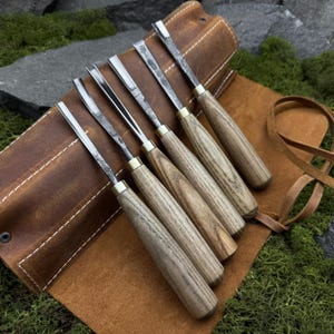 Set of 6 Spoon Carving Tools with Leather Case. Sculptural Carving Gouges, Chisels. Woodworking. Hand Forged Tools. 52100 Carbon Steel Blade