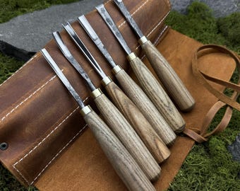 Set of 6 Spoon Carving Tools with Leather Case. Sculptural Carving Gouges, Chisels. Woodworking. Hand Forged Tools. 52100 Carbon Steel Blade