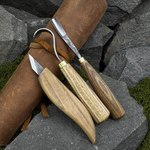 3 PCS Spoon Carving Tool Set with Leather Case. Wood Carving Tools for Beginners. Woodworking. Hand Forged Tools. 52100 Carbon Steel Blades
