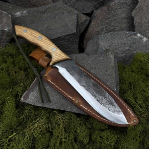 Bushcraft Knife with Fixed Carbon Steel 52100 Blade. Hand Forged Outdoor Tool with Leather Case for Hiking, Camping, and Wood Craft Projects