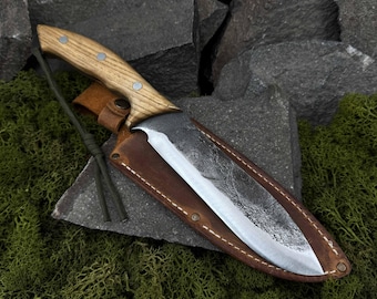 Bushcraft Knife with Fixed Carbon Steel 52100 Blade. Hand Forged Outdoor Tool with Leather Case for Hiking, Camping, and Wood Craft Projects