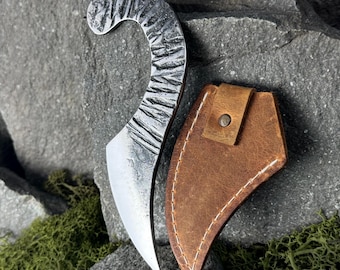 Hand Forged Kiridashi Knife with Leather Case. Japanese Style Utility Knife. Carbon Steel 52100 Blade. Knife for Wood Carving, Leatherwork