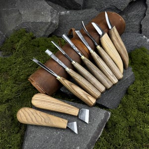 10-Piece Set of Carving Tools with Leather Case. Wood Carving Knives. Sculptural Carving Tools. Hand Forged Tools. 52100 Carbon Steel Blades