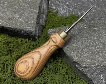 Leather Awl Hand Tool for Stitching and Marking. Awl for Leathercraft, Woodworking. Hand-Forged Awl. Carbon 52100 Steel Needle. Ash Handle.