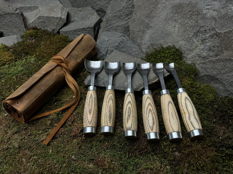 Spoon Gouge Set 6 PCS With Leather Case. Bent Gouge for Woodworking