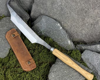 Cloggers Knife with Leather Case. Stock Knife for Woodworking. Carpentry Tool. Spoon Carving Knife. Hand Forged Tool. Carbon Steel 52100.