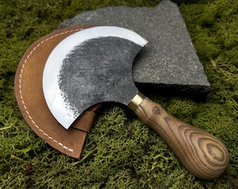Leatherworking Knife with Curved Half Moon Blade. Hand Forged Carbon Steel 52100 Tool with Leather Case. Knife for Skiving, Cutting Leather.