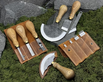 Set Leatherworking Tool 12 PCS with Leather Cases. Cutting Leather Knives. Skinning Tools. Knives for Thinning. Hand Forged. Steel 52100.