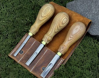 Set of 3 Edge Skiver with Leather Case. French Skiver. Knives for Thinning Leather. Leatherworking Tools. Hand Forged. Carbon Steel 52100.