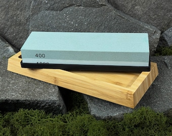 Whetstone with Wooden Stand. Dual Grit Sharpening Stone for Knives, Chisels and Wood Carving Tools. Durable Handcrafted Sharpening Tool.