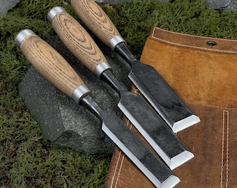 Wood Carving Chisels with Leather Case. Bevel Edge Chisels. Carpentry Tools. Timber Chisels. Woodworking. Hand Forged. Carbon Steel 52100.