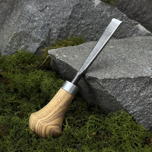 May include: A wood chisel with a metal blade and a wooden handle. The handle is light brown with a textured grain pattern. The metal blade is silver and angled. The chisel is set against a backdrop of gray rocks and green moss.