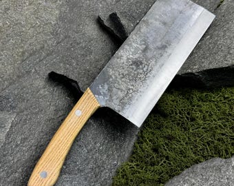Hand Forged Kitchen Knife with Leather Case. Carbon Steel 52100 Blade. Chef Knife for Cooking, Chopping, Food Preparation. Bushcraft Knife