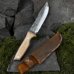 Camping Knife with Leather Case. Outdoor Utility Tool. Knife for Bushcraft, Hiking. Knife for Forest. Hand Forged Tool. Carbon Steel 52100.