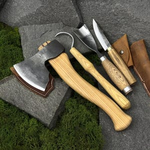4-Piece Set of Bowl Carving Tool with Leather Cases. Woodworking. Axe, Gouge and Knives. Wood Carving Tools. Hand Forged. Carbon Steel 52100